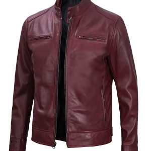 Dodge Men's Burgundy Cafe Racer Leather Jacket