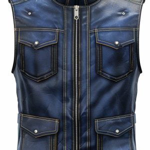 Men Blue Distressed Leather Vest