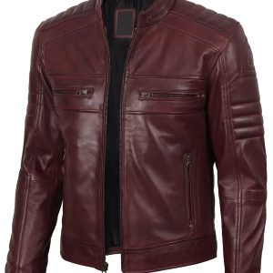 Mens Burgundy Cafe Racer Leather Jacket