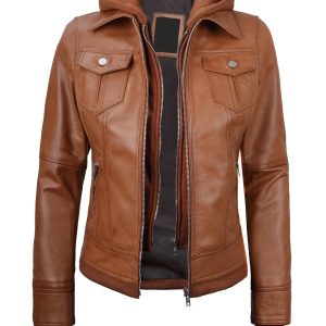 Tralee Womens Tan Wax Bomber Leather Jacket With Removable Hood