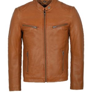 Distressed Tan Leather Motorcycle Jacket For Men
