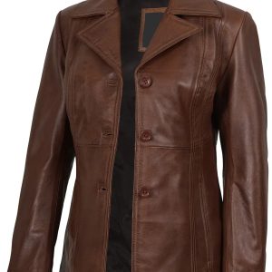 Women's Three Button Cognac Brown Leather Blazer
