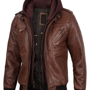 Edinburgh Mens Brown Bomber Leather Jacket With Removable Hood