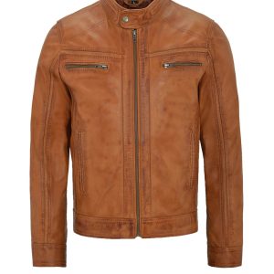 Tan Leather Motorcycle Jacket For Men
