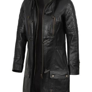 Women’s Black 3/4 Length Leather Coat With Hood