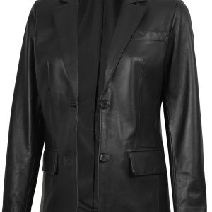 Women's Two Button Black Real Leather Blazer