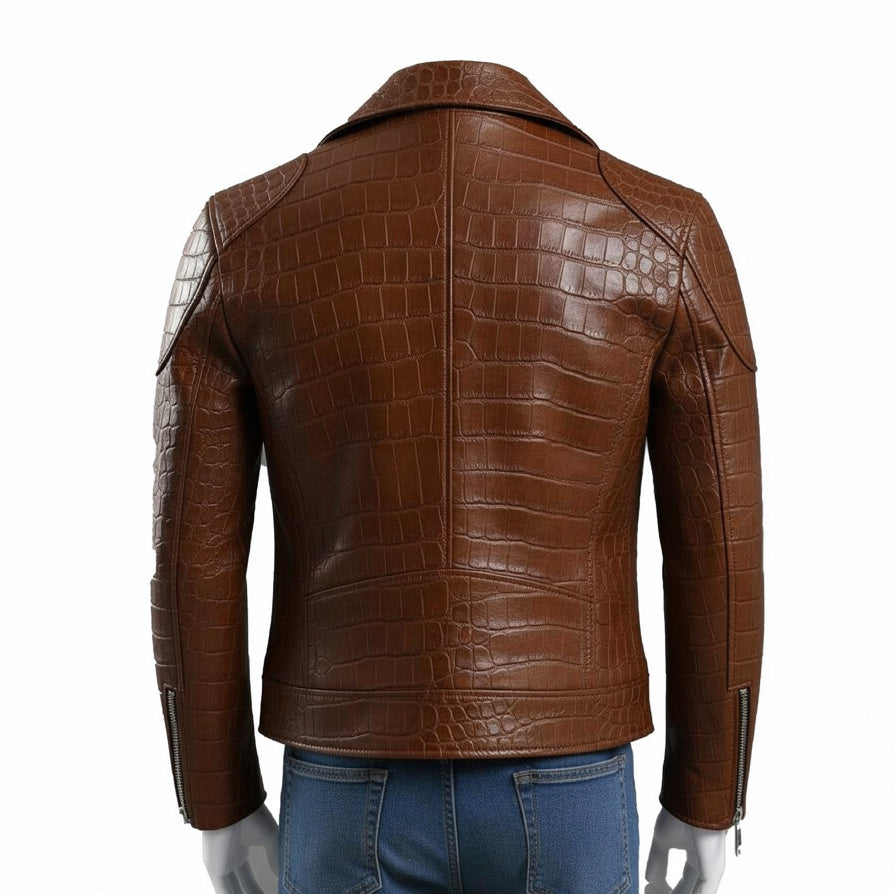 Brown Crocodile Embossed Genuine Leather Biker Jacket - Image 2