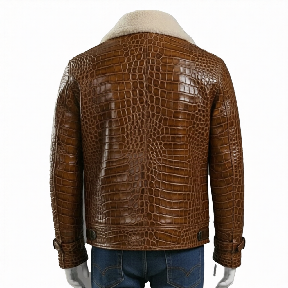 Brown Textured Leather Jacket Mens Winter Coat with Shearling Collar - Image 2
