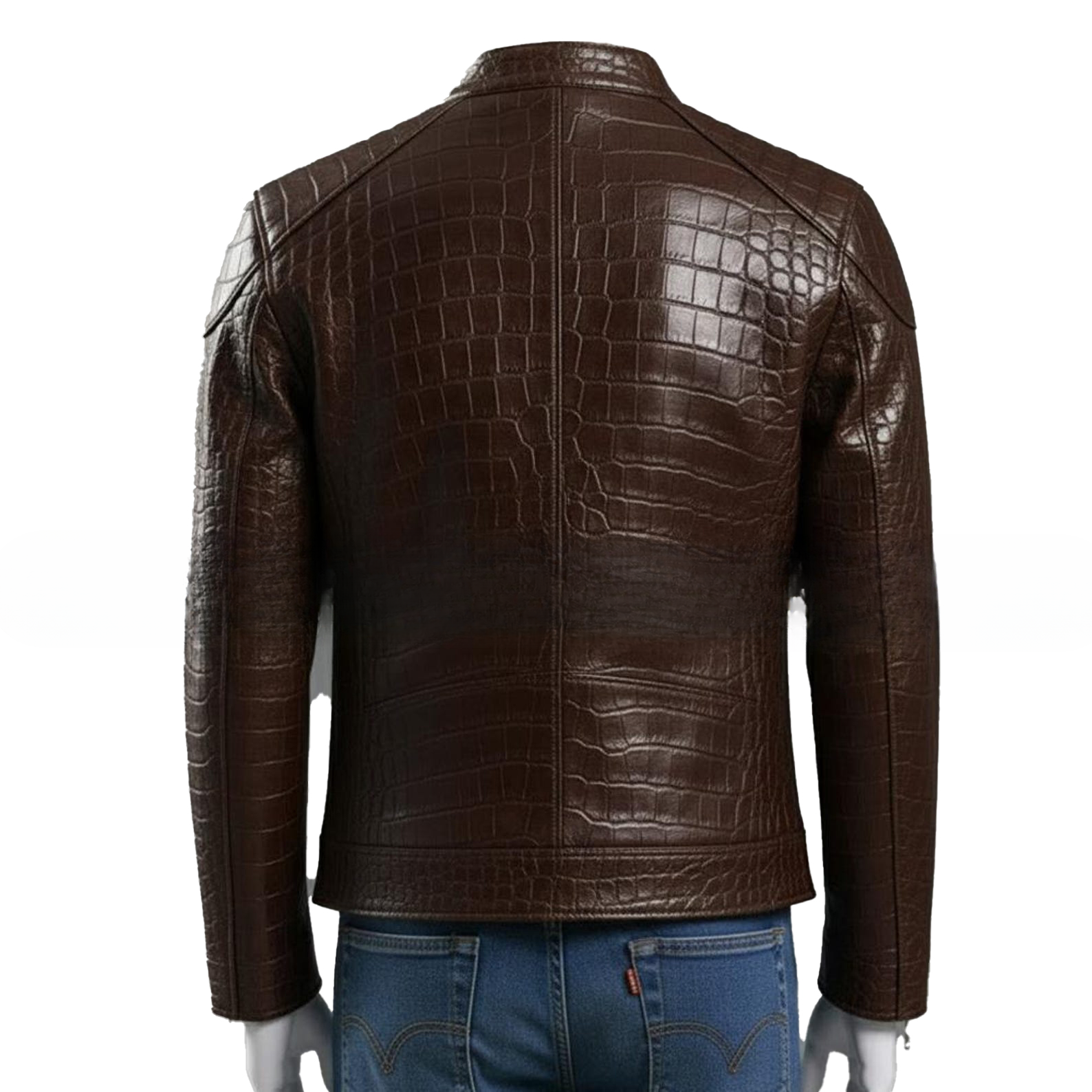Embossed Genuine Leather Motorcycle Jacket Slim Fit Aviator Coat - Image 2