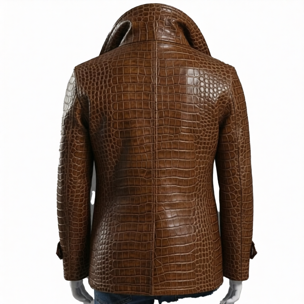 Embossed Brown Leather Coat Mens Double Breasted Jacket - Image 2