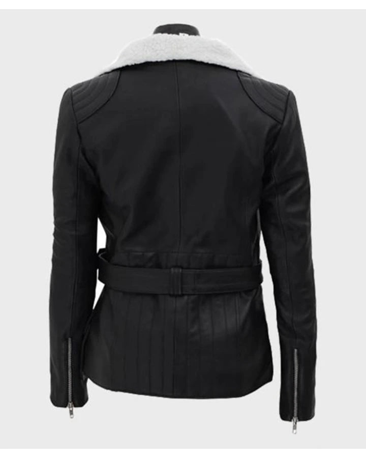 Natalie Shearling Leather Black Belted Biker Jacket - Image 2