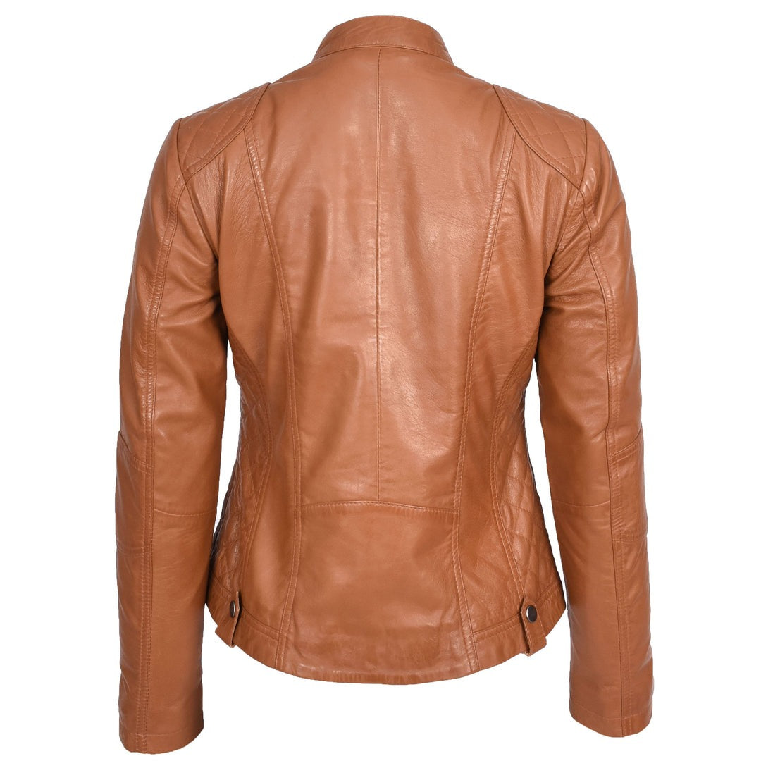Womens Soft Tan Leather Biker Jacket Fitted Quilted Casual Cafe Racer Style Zip Fasten Fiona - Image 2