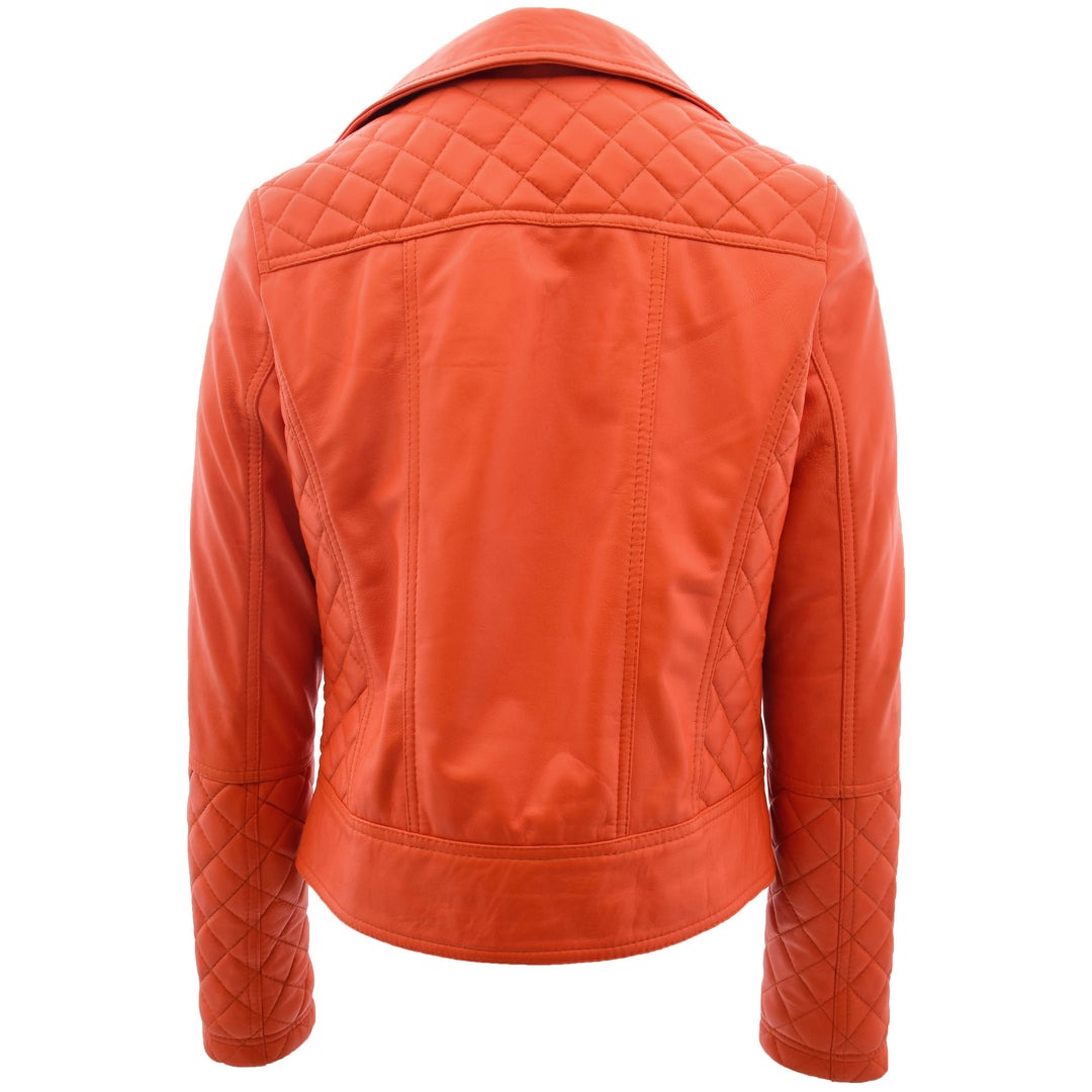 Womens Leather Biker Jacket with Quilt Detail Ziva Orange - Image 2