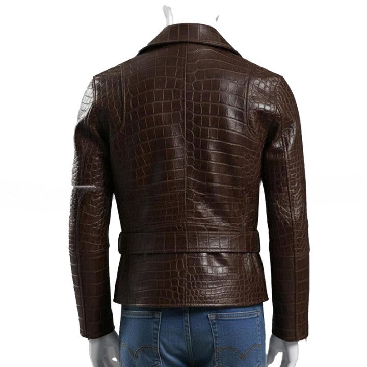 Embossed Brown Leather Moto Jacket Asymmetrical Zip Belted Waist - Image 2