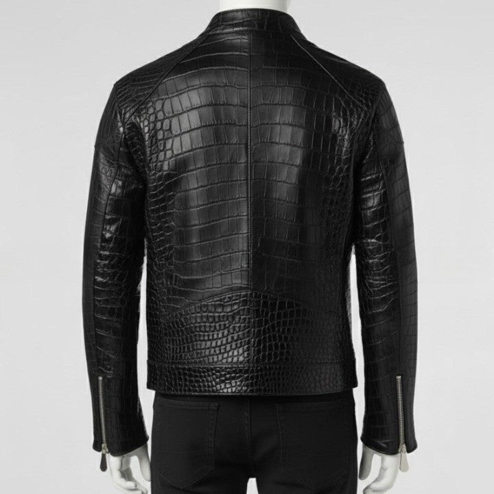 Mens Crocodile Embossed Leather Biker Jacket Slim Fit Aviator Coat - Image 2