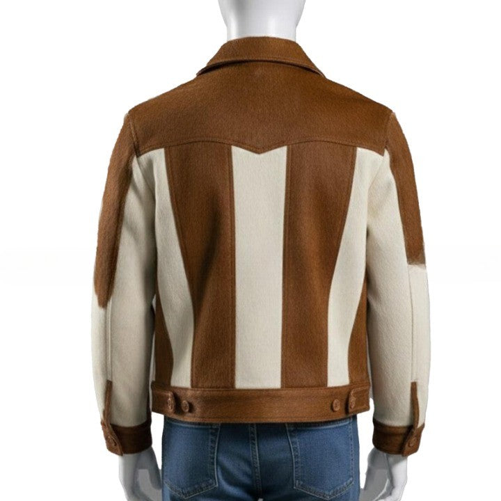 Mens Brown Cream Cowhide Style Leather Jacket Handmade Patchwork Western Jacket - Image 2