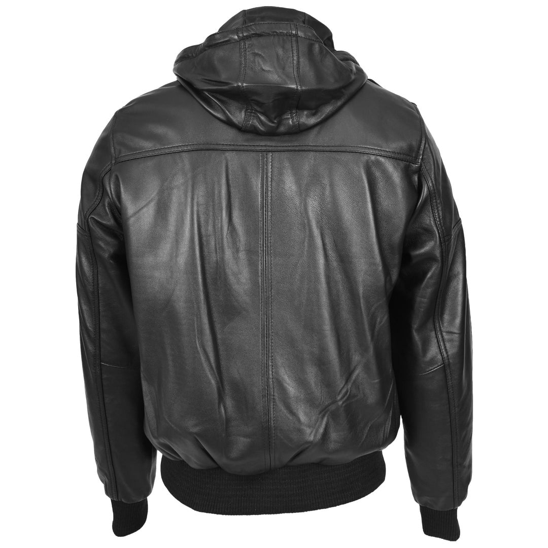 Mens Real Leather Bomber Jacket Trendy Removable Hood Style Reggie Black - Image 2