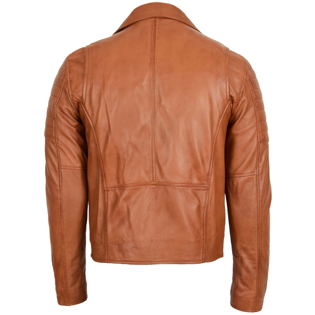 Mens Biker Leather Jacket Dual Zip Hook Tan - Image 2