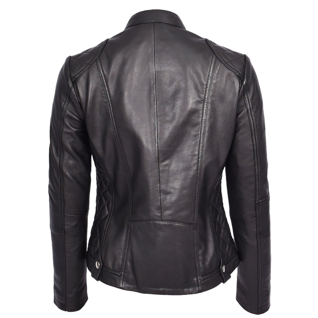Womens Soft Black Leather Biker Jacket Fitted Quilted Casual Cafe Racer Style Zip Fasten Fiona - Image 2