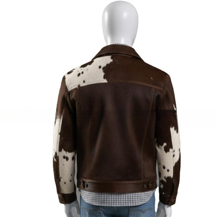 Mens Brown Patchwork Leather Jacket with Contrast Panels and Classic Button Closure - Image 2