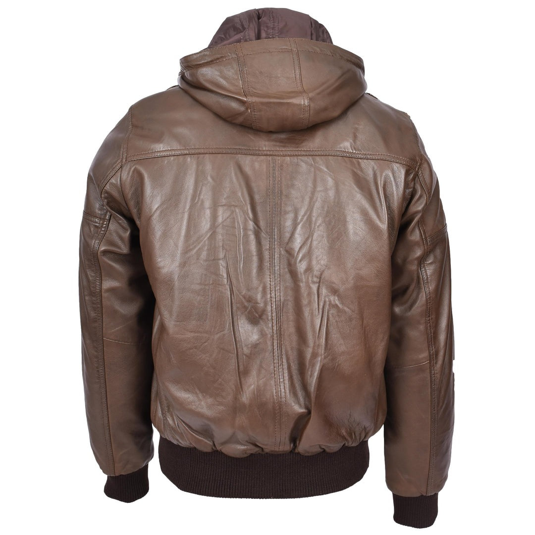 Mens Real Leather Bomber Jacket Trendy Removable Hood Style Reggie Brown - Image 2