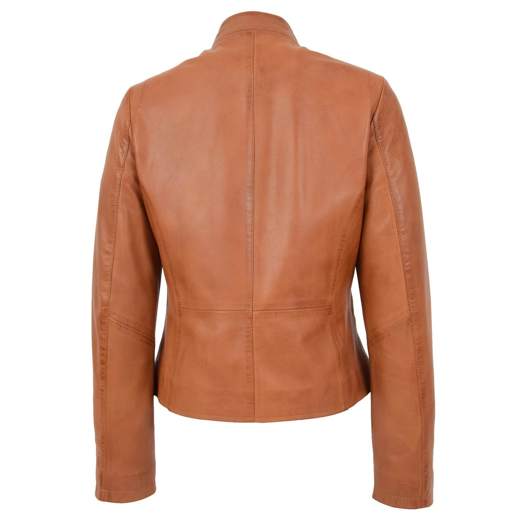 Womens Leather Casual Standing Collar Jacket Ivy Tan - Image 2