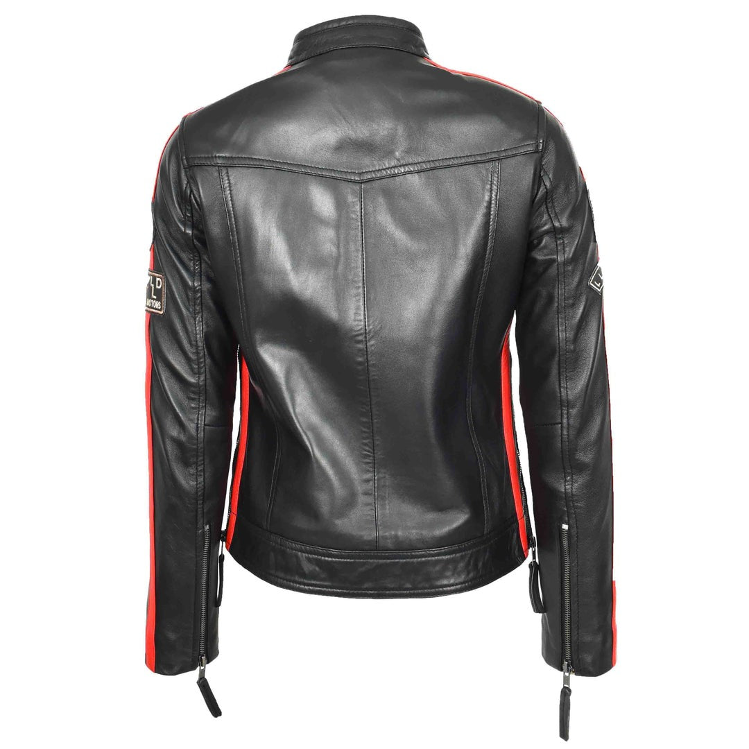 ladies Leather Cafe Racer Biker Jacket Motorcycle Badges Rosa Black - Image 2
