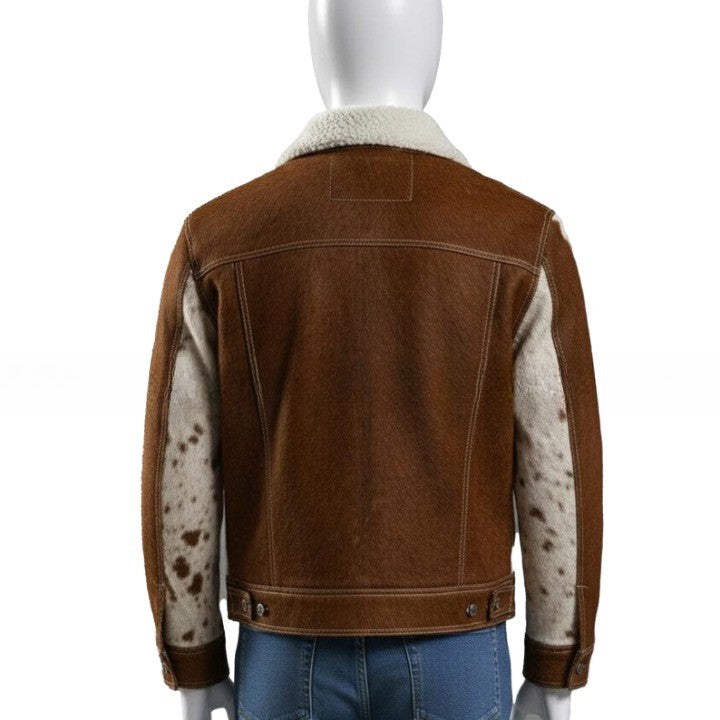 Mens Brown and Cream Shearling Collar Leather Jacket with Patterned Panels Winter Casual Outerwear - Image 2