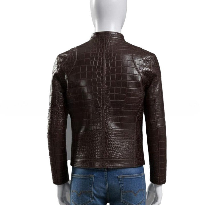 Textured Brown Leather Biker Jacket Croc Pattern Finish - Image 2