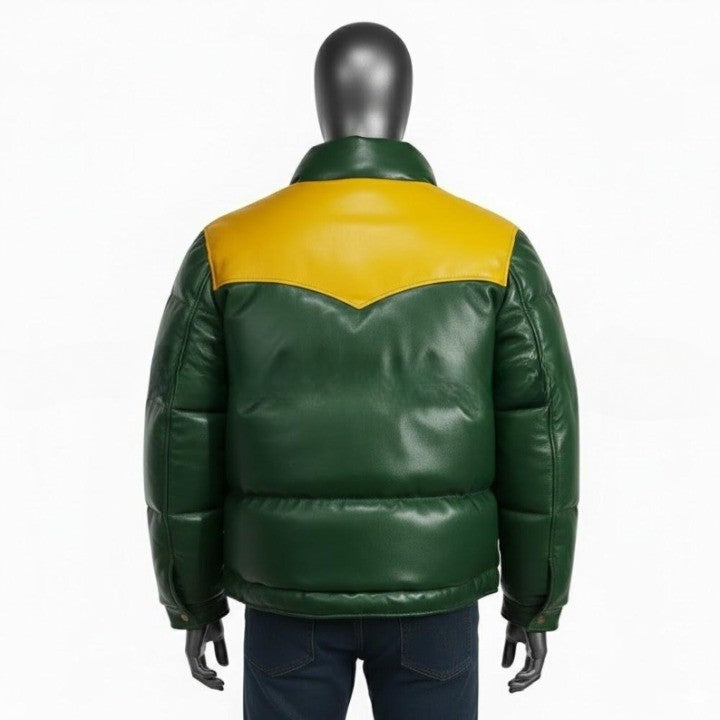 Mens Green Leather Puffer Jacket Yellow Yoke Winter Coat - Image 2