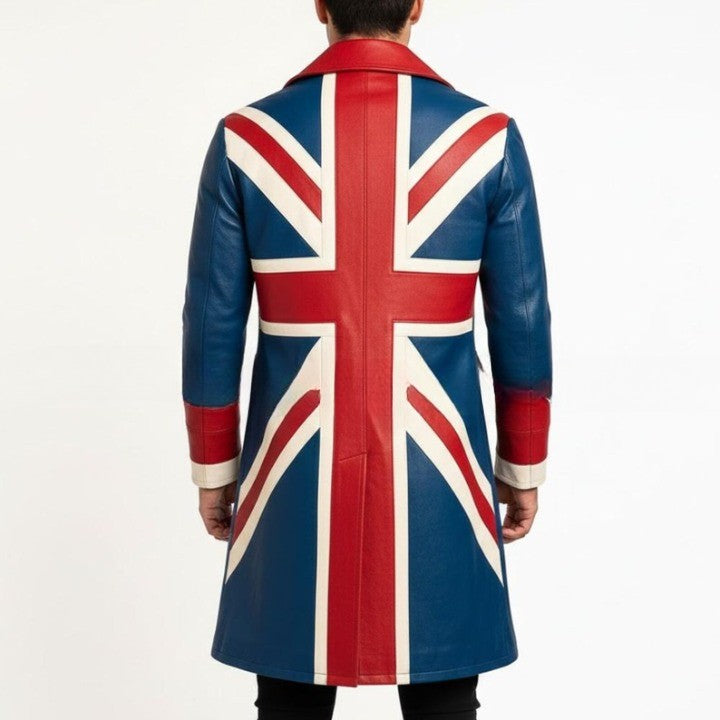 Genuine Leather Long Color Block UK Flag Coat with Geometric Panel Design - Image 2