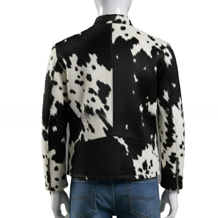 Mens Hair On Cowhide Leather Jacket Black White Trucker Style - Image 2