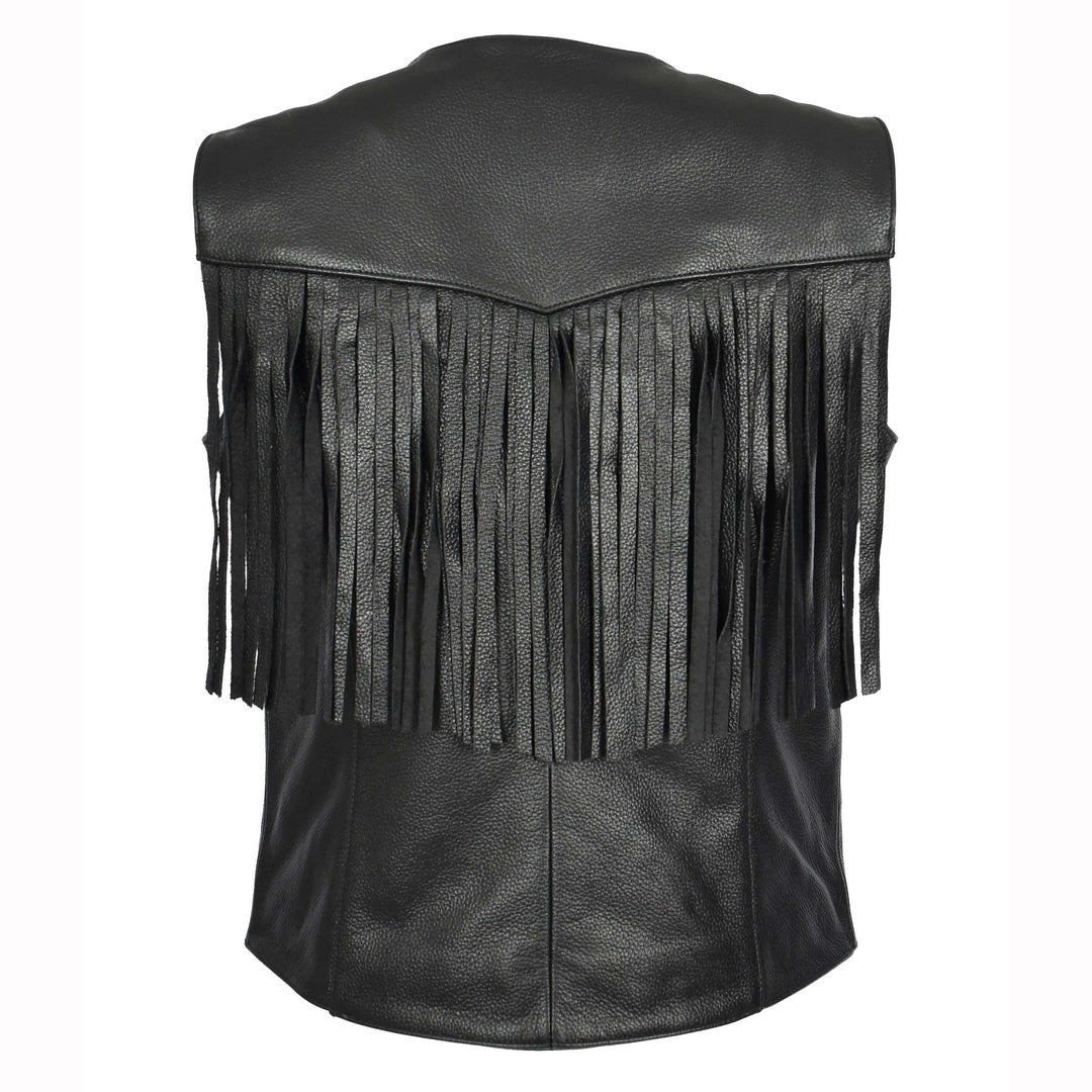 Women's Black Cowhide Leather Waistcoat Rider Biker Style with Fringe Details - Image 2