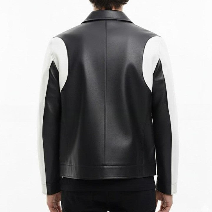 Mens Black White Genuine Leather Jacket Modern Zip Front - Image 2