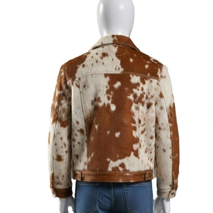 Mens Hair On Cowhide Trucker Jacket Rust Brown Ivory Western Outerwear - Image 5