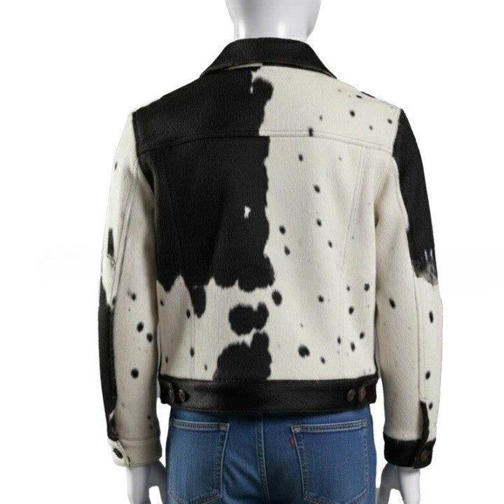 Mens Hair On Cowhide Trucker Jacket Black White Western Style - Image 2