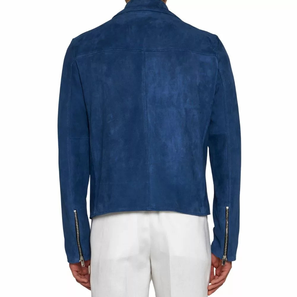 Mens Blue Suede Biker Leather Jacket - Image 2