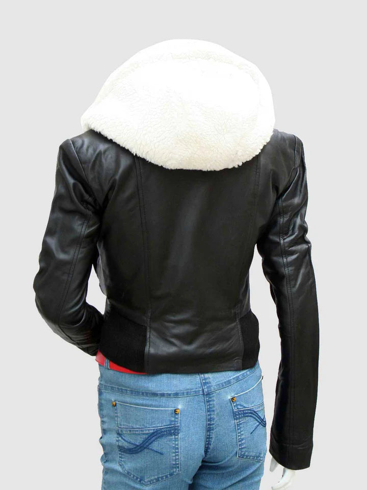 Black Leather Jacket with Fur - Image 2