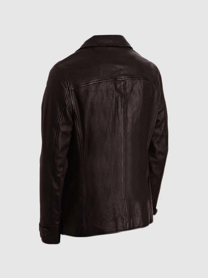 4 Button Brown Leather Coat - Image 2