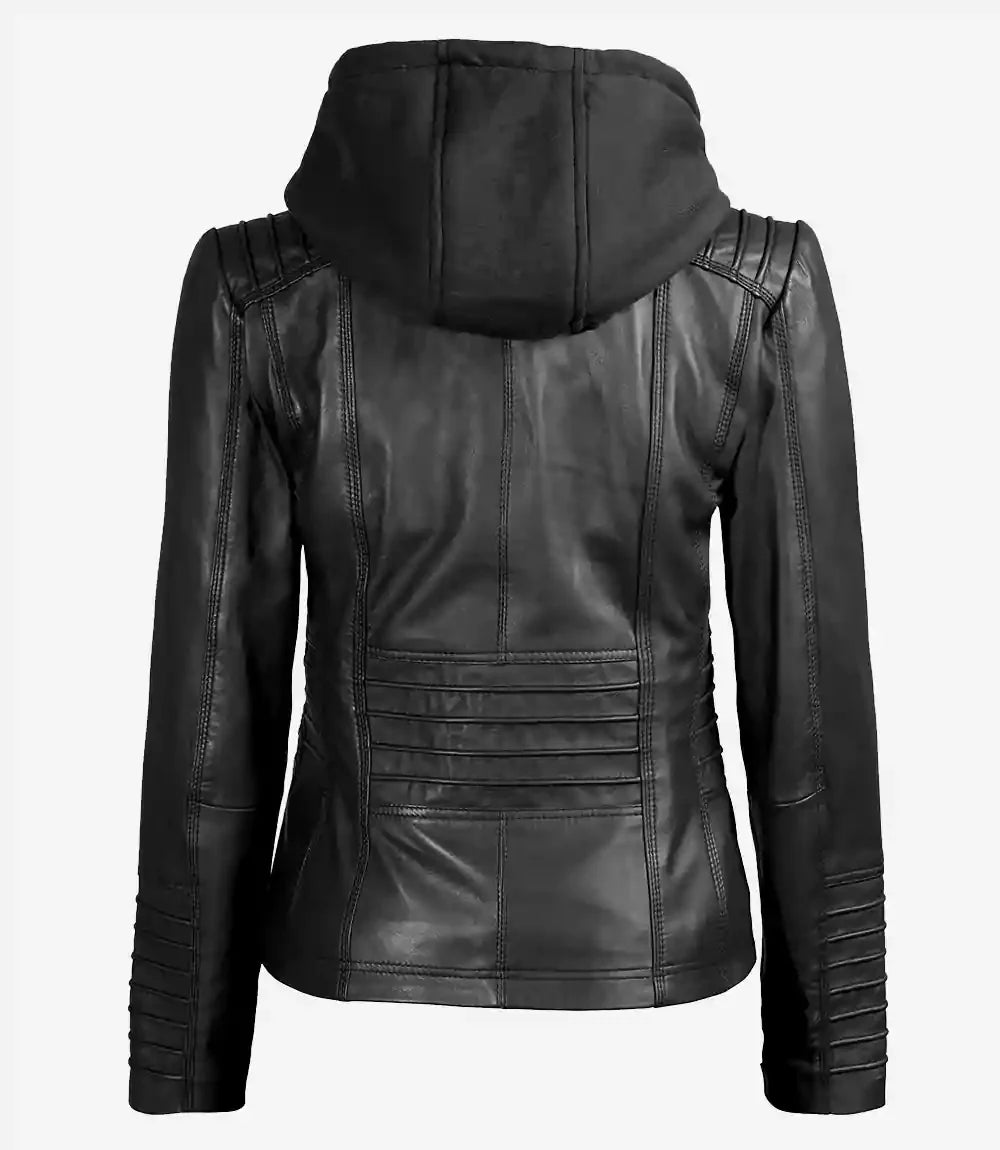 Women's Black Leather Jacket With Removable Hood - Image 2