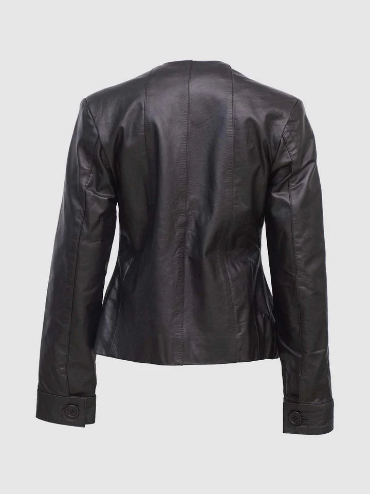Collarless Leather Jacket - Image 2