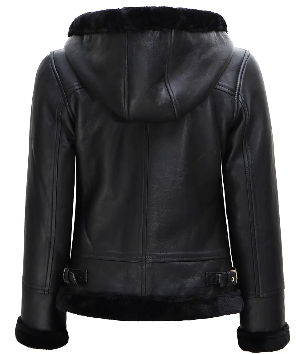 Womens Black Leather Hooded Shearling Jacket - Image 2