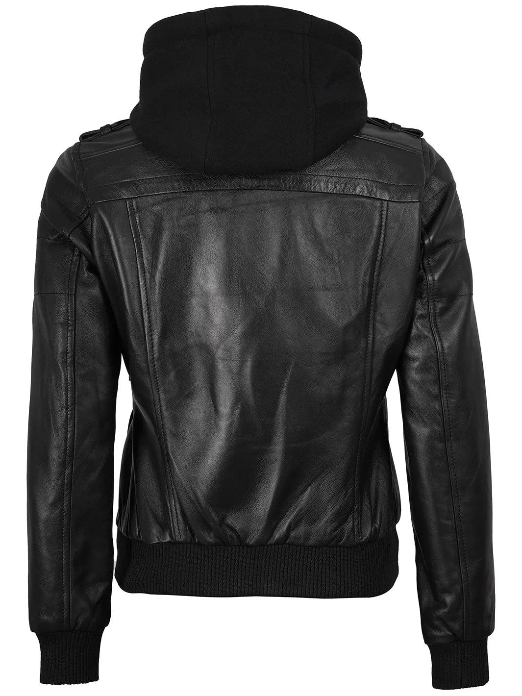 Edinburgh Women's Bomber Black Leather Jacket with Removable Hood - Image 2