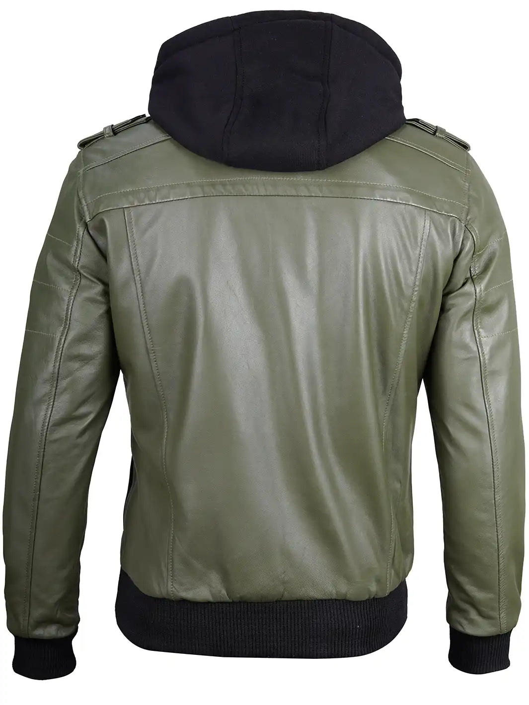 Men's Military Green Leather Jacket with Removable Hood - Image 2