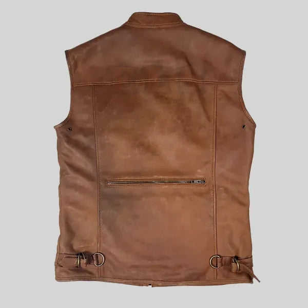 Men’s Multi Pocket Brown Leather Vest - Image 2