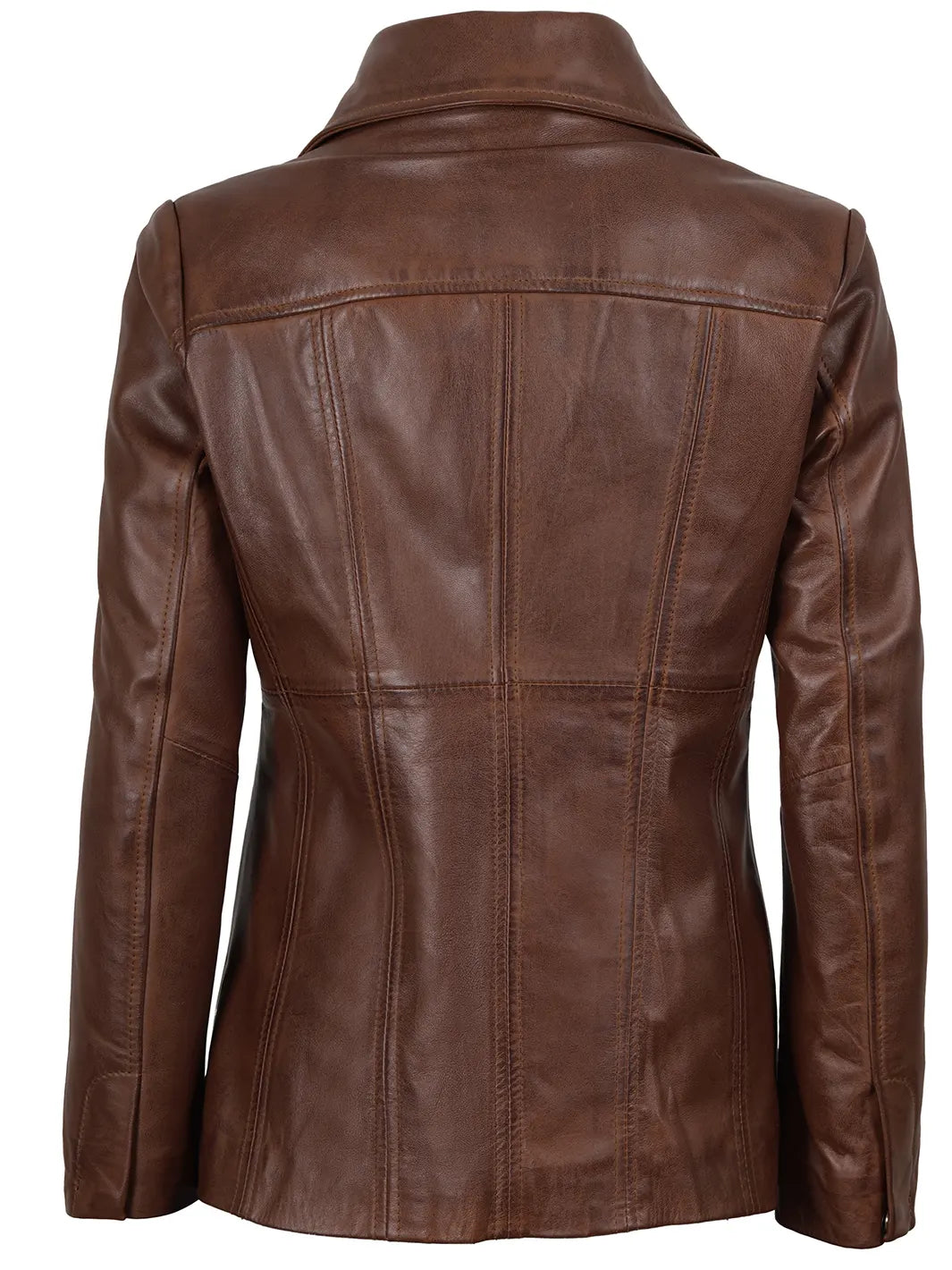 Women's Three Button Cognac Brown Leather Blazer - Image 2