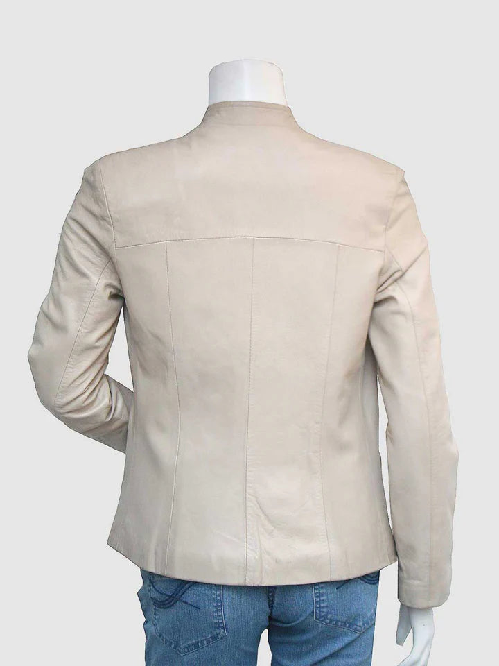 Slim Fit Cream Leather Jacket - Image 2