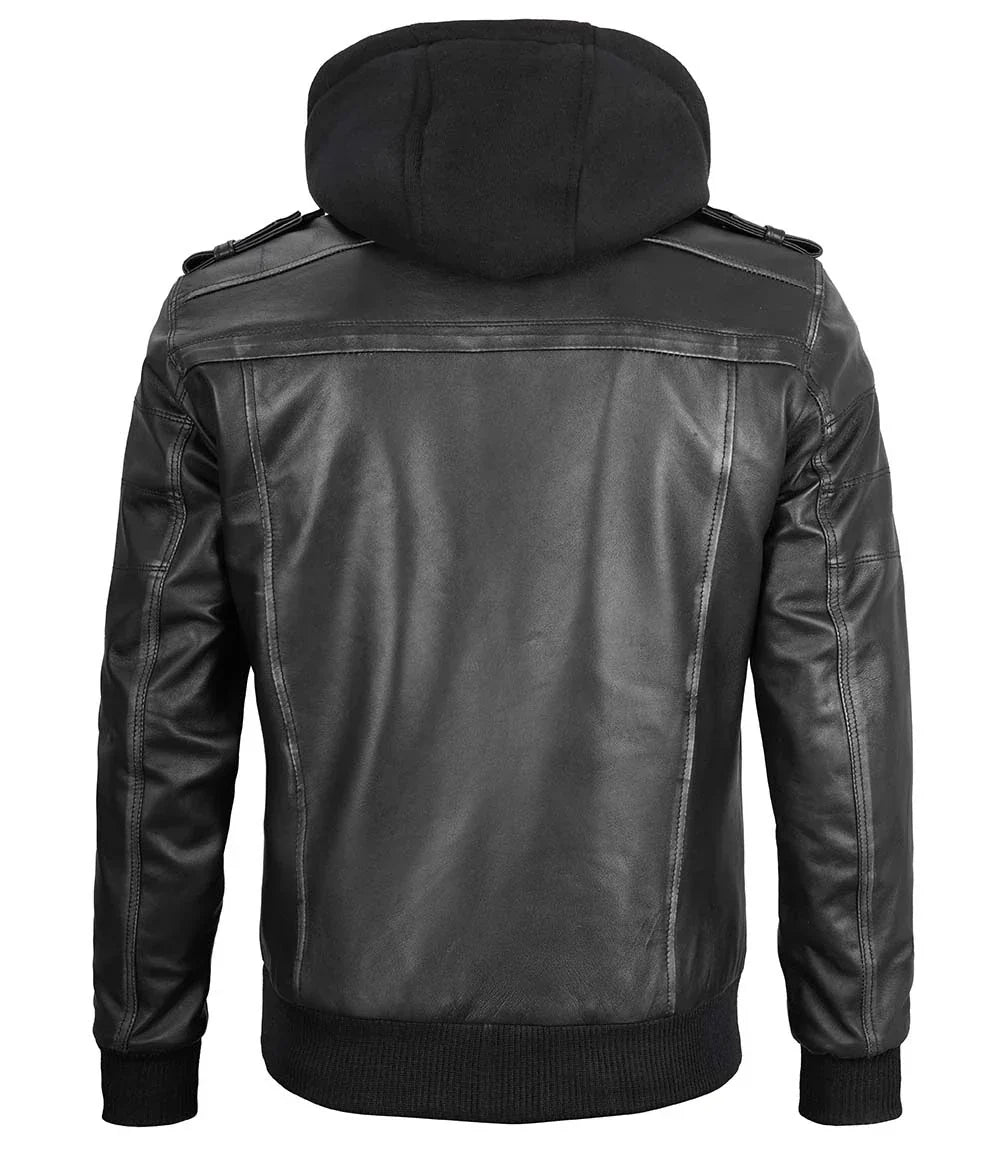 Men's Bomber Dark Grey Leather Jacket with Removable Hood - Image 2
