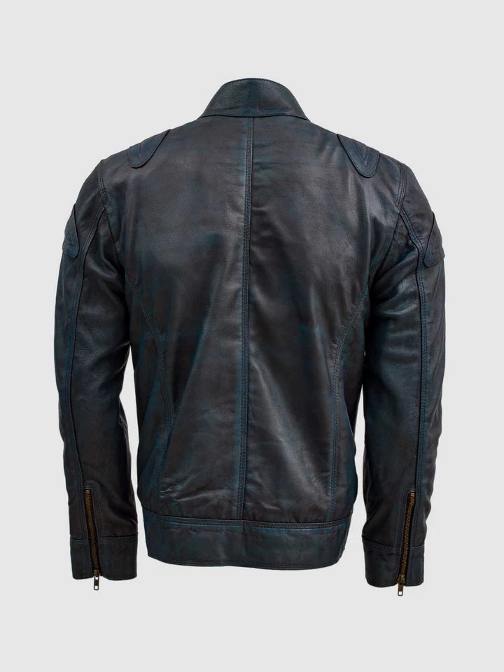 Waxed Blue Leather Jacket - Image 2