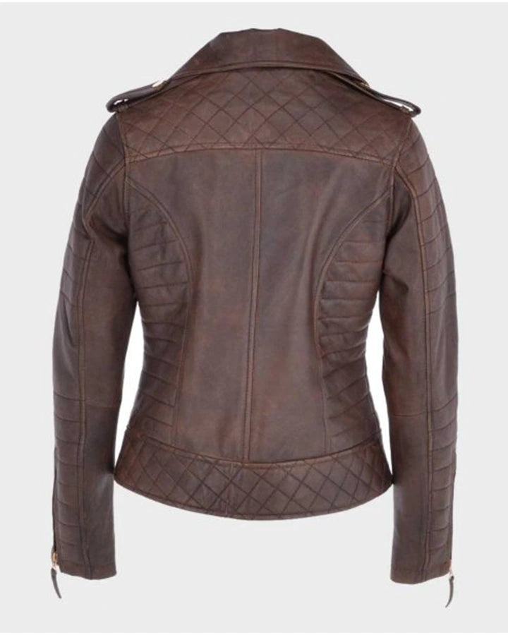 Kara Brown Distressed Biker Leather Jacket - Image 2